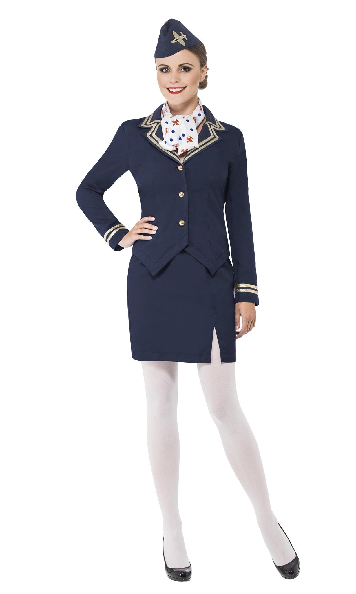 Blue airway attendant jacket, skirt, neck scarf and hat with plane logo