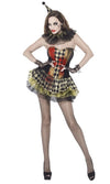 A woman in a zombie style short harlequin clown dress with matching hat