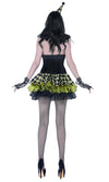 Back view of a woman in a zombie style short harlequin clown dress with matching hat