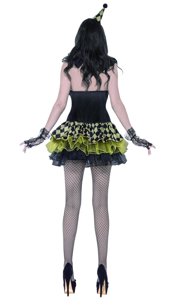 Back view of a woman in a zombie style short harlequin clown dress with matching hat