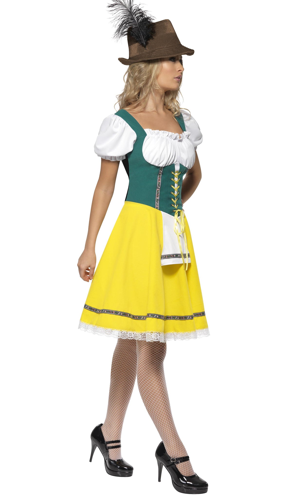 Side of lace trim yellow, green and white Oktoberfest dress with attached apron
