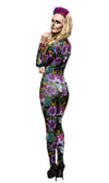 Back of Day of the dead catsuit costume with flower headband