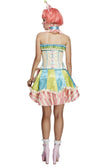 Back of vintage style clown dress with petticoat and hat on headband