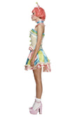 Side of vintage style clown dress with petticoat and hat on headband
