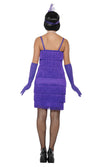 Back of short purple tassel flapper dress with headpiece and gloves
