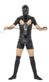 Man wearing a short sleeve black bondage gimpsuit with boot covers, hood, thong, gag and hood