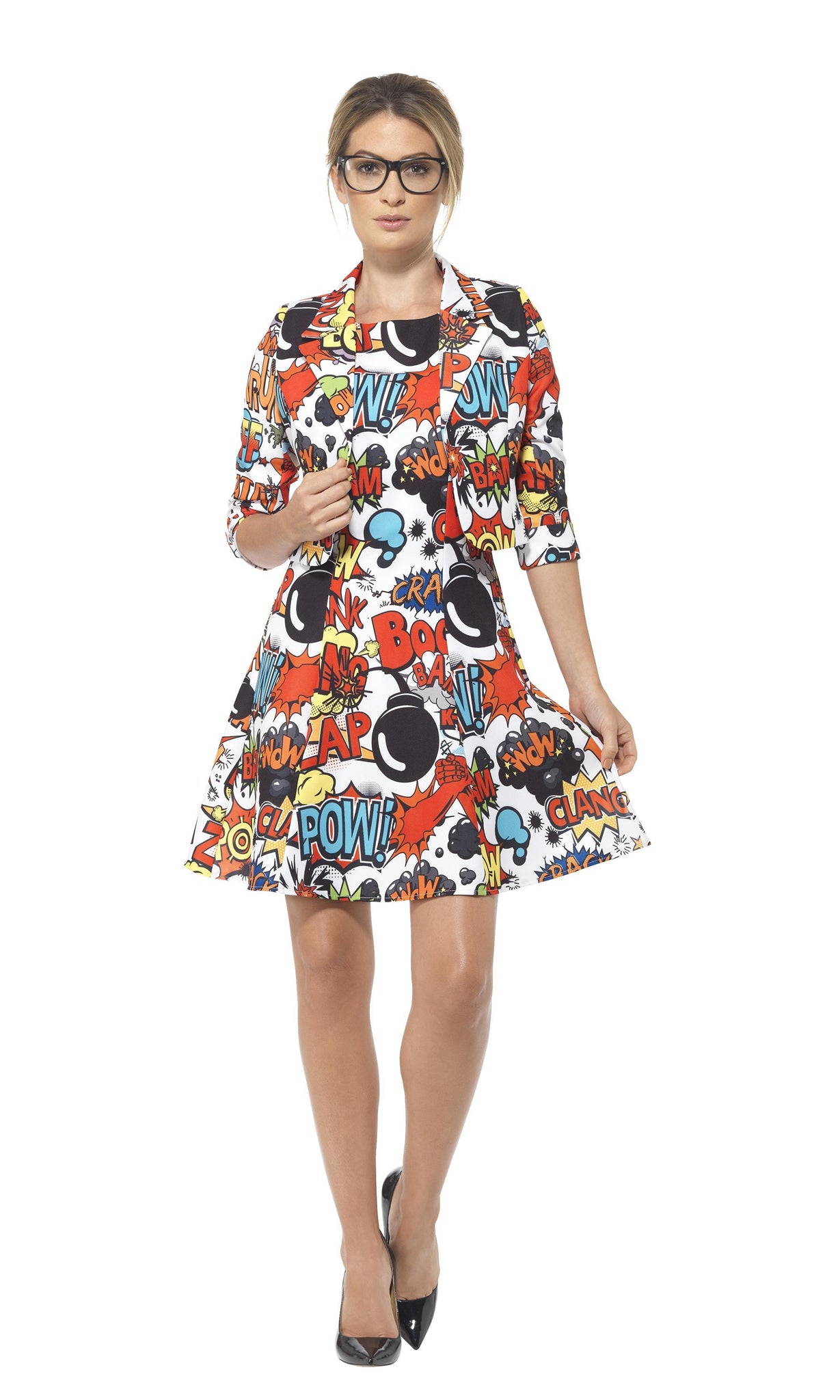 Comic strip dress with jacket