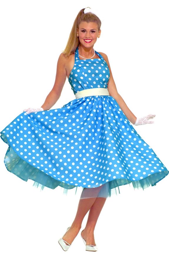 Long blue 50s polkadot dress with petticoat and belt