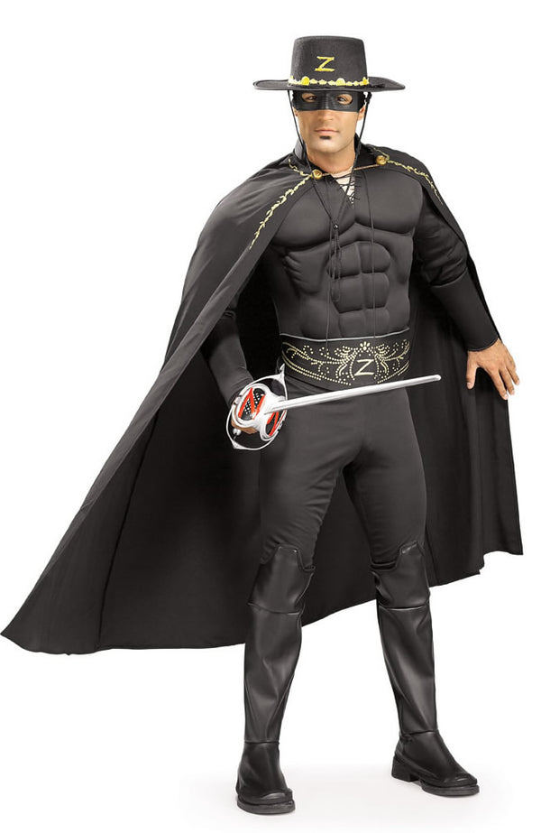 Zorro muscle chest costume with belt, cape, hat and mask