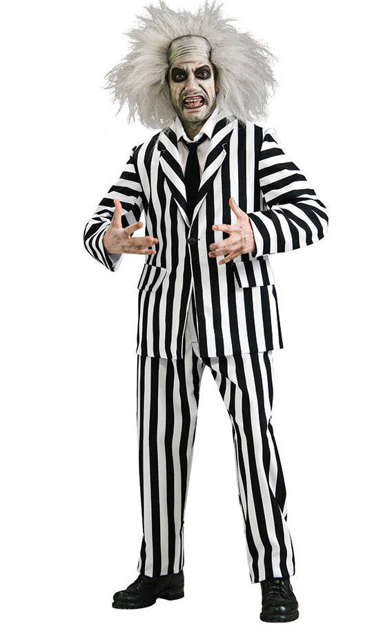 Black and white striped Beetlejuice costume with wig and tie