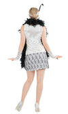 Back of silver and black short flapper dress with headband and gloves