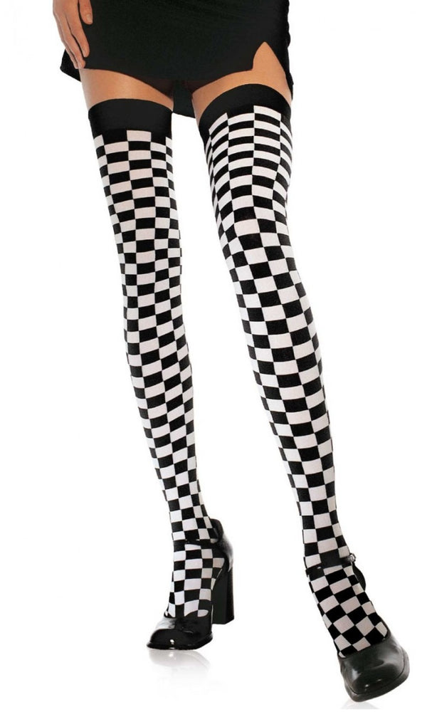 Checkered black and white thigh high stockings