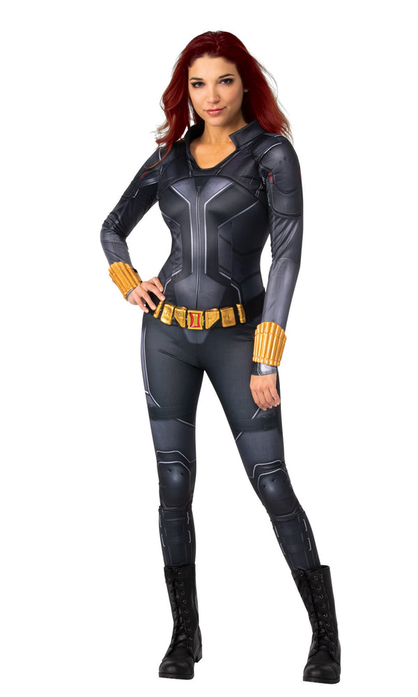 Long grey Black Widow avengers costume with yellow belt and arm cuffs