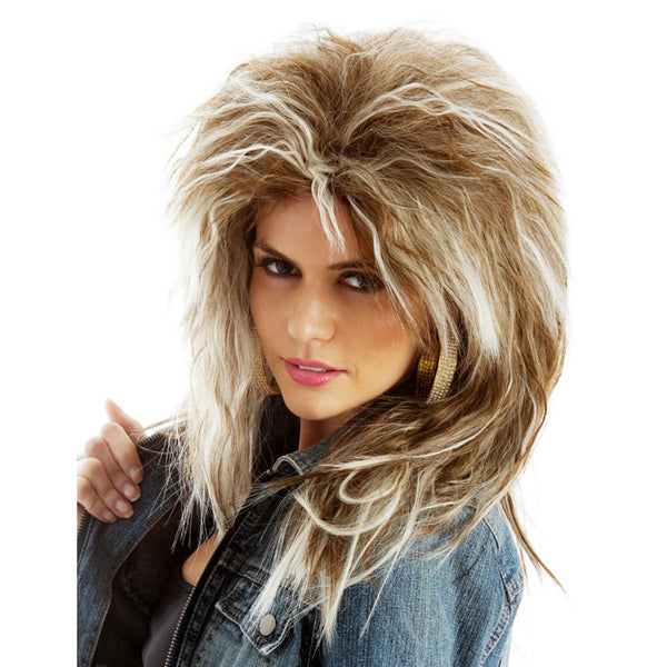 1980s Tina Turner blonde and brown long wig worn with a denim jacket