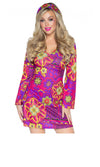 Different view of pink and purple short hippy dress with matching headband