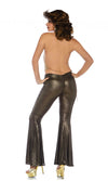 Back of gold and brown woman's 70s disco costume with bell bottom pants and open back top