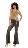 Gold and brown woman's 70s disco costume with bell bottom pants