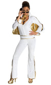 White Elvis women's jumpsuit with gold neckpiece and cape
