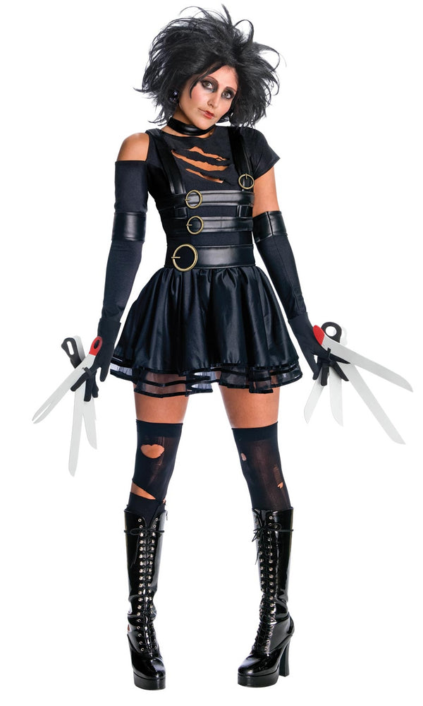 Short black woman's Edward Scissorhands dress with scissors and wig