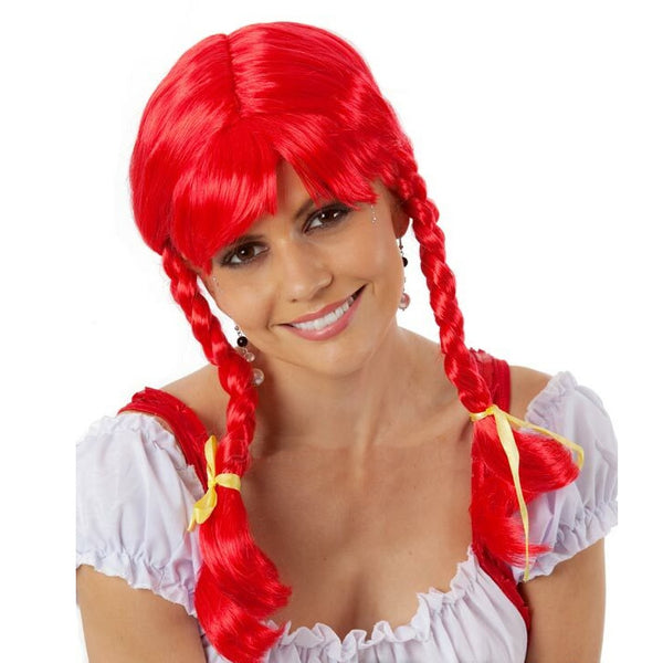 Long red braided wig with yellow ribbons
