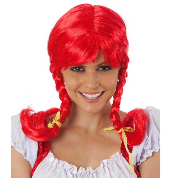 Long red braided wig with yellow ribbons