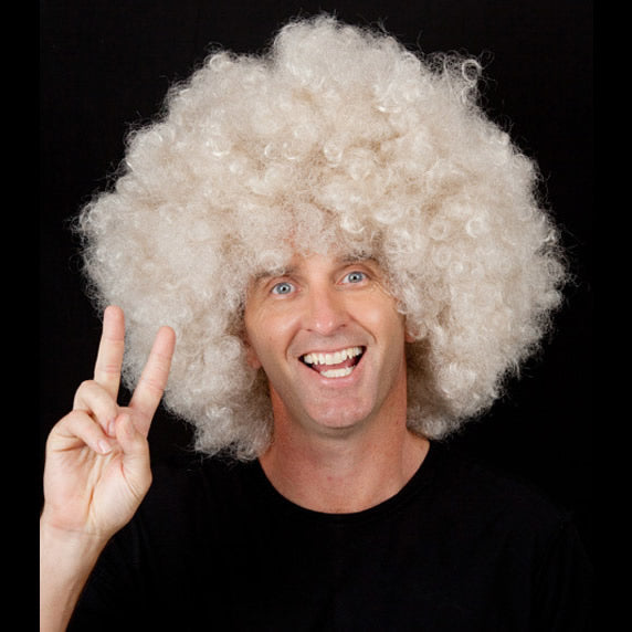 Jumbo blonde afro wig worn by male