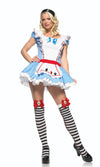 Short blue and white Alice in Wonderland costume with attached apron and petticoat