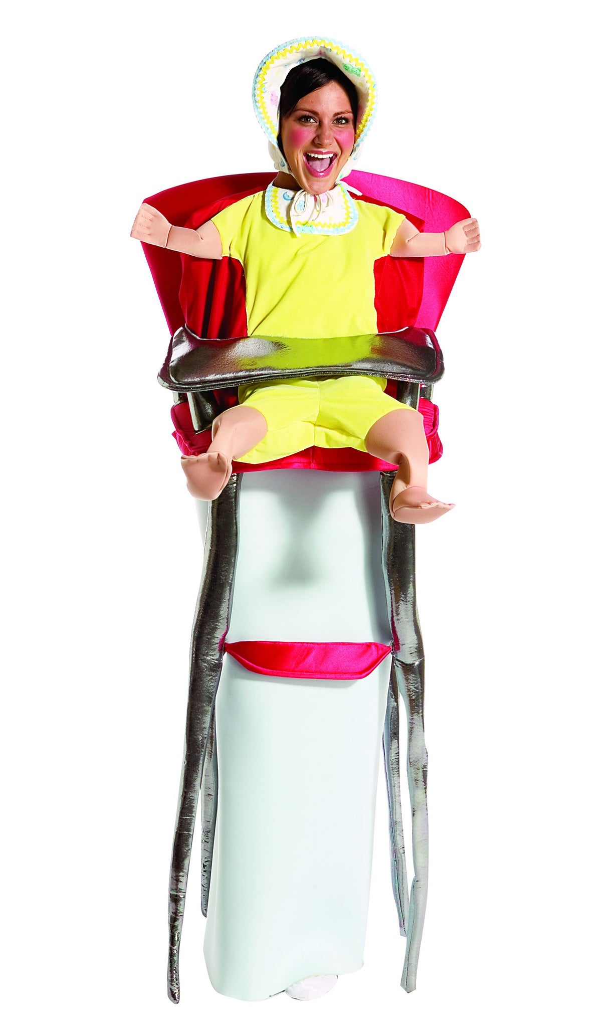 Woman wearing a baby top and attached body and bonnet, with chair tunic and tray