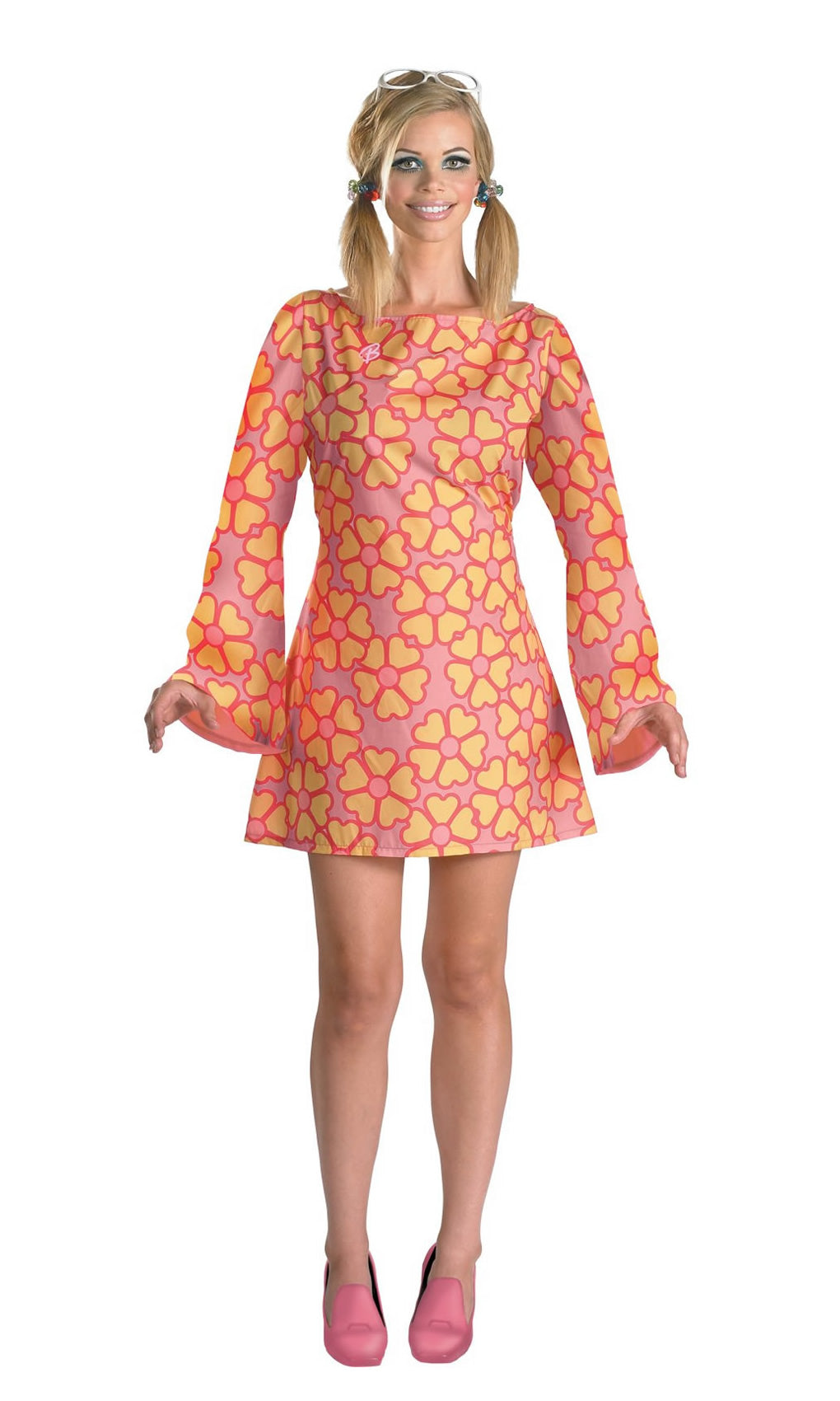 Pink Barbie dress with orange flower print, hair ties and glasses