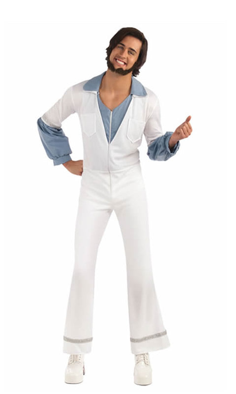 White Abba Benny jumpsuit with attached blue shirt worn by a male with white platform shoes