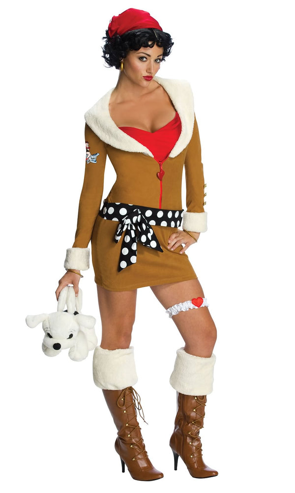 Betty Boop brown aviator dress with waist sash and head scarf
