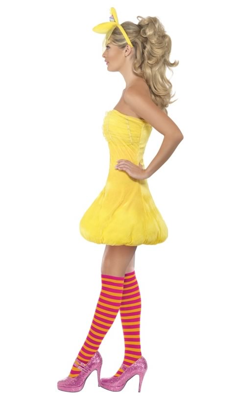 Side of short yellow Big Bird dress with headband and striped socks