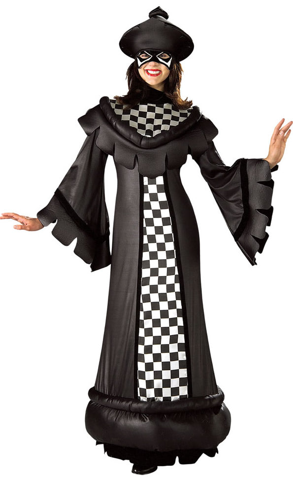 Black and white chess queen costume with headpiece and mask