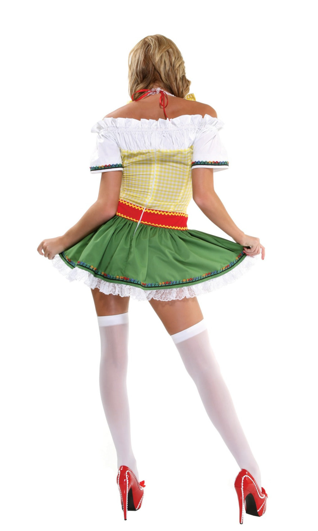 Back of lace trimmed short Oktoberfest dress in green