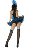 Back of blue can can costume with garters