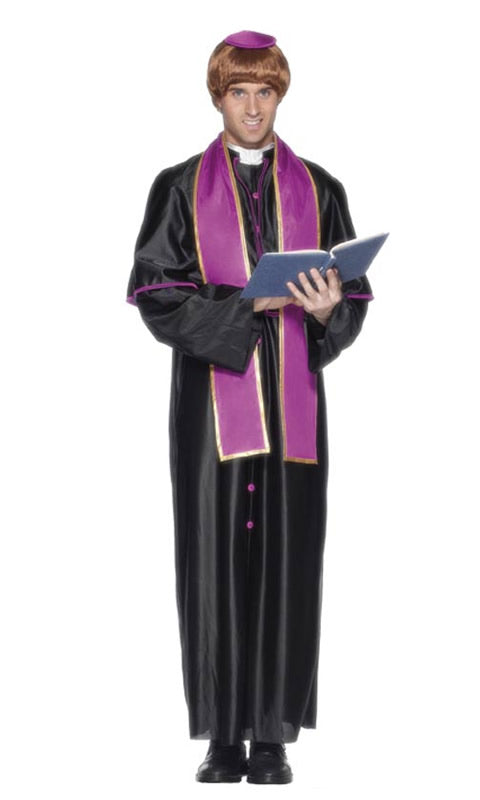 Black cardinal robe with purple head piece and sash