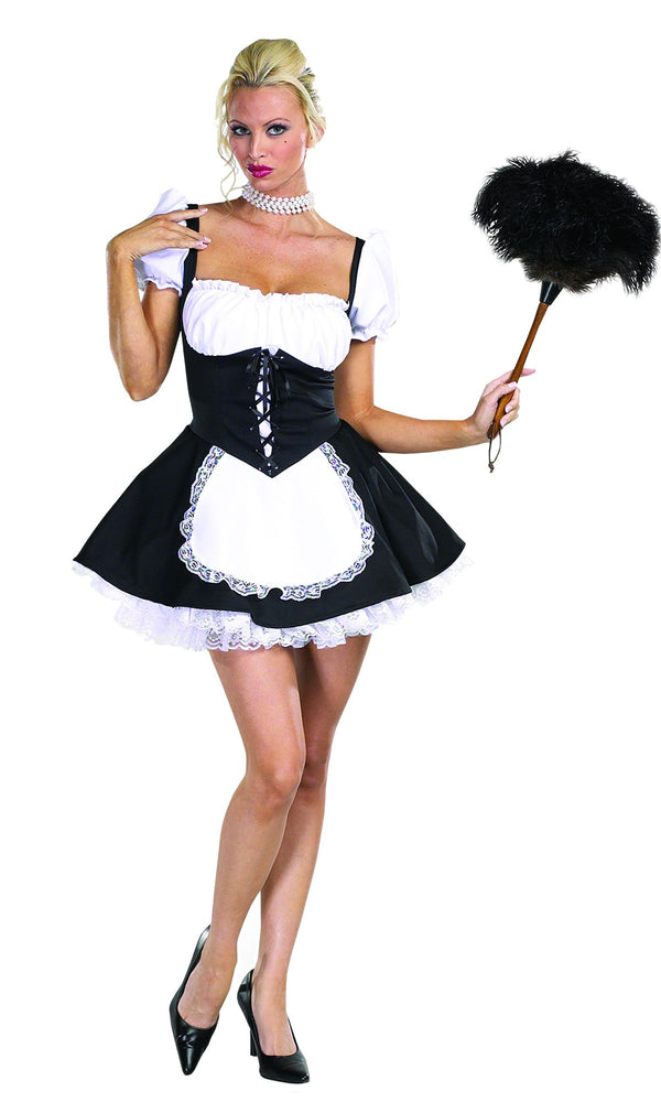 Short French maid costume with attached petticoat and apron
