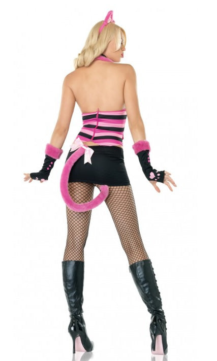 Back of short pink and black Cheshire Cat costume with headpiece, choker and gloves