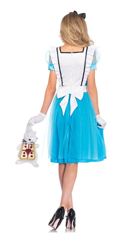 Back of blue Alice dress with headband and apron