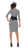 Back of black and white convict dress with waist cincher belt and hat