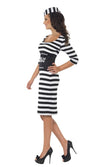 Side of black and white convict dress with waist cincher belt and hat