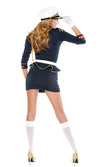 Back of short blue sailor dress with hat, gloves and belt