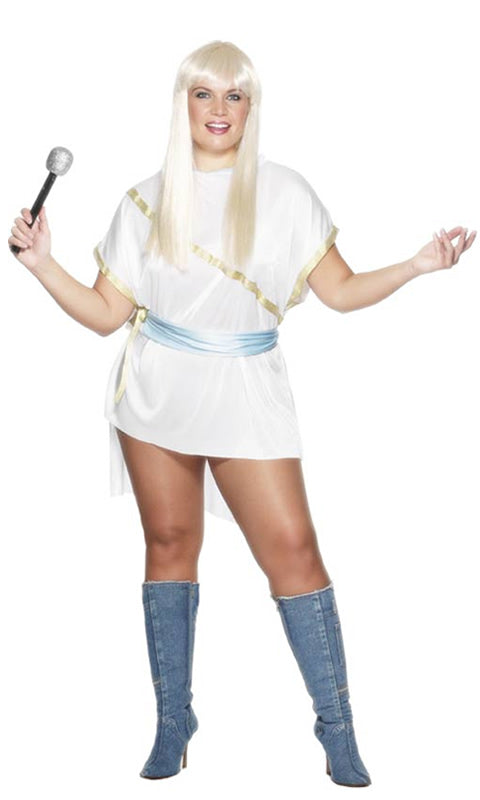 Short white plus size Abba dancing queen dress with gold trim