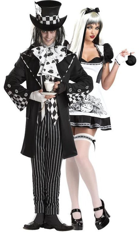 Dark Mad Hatter costume in black & white next to Dark Alice