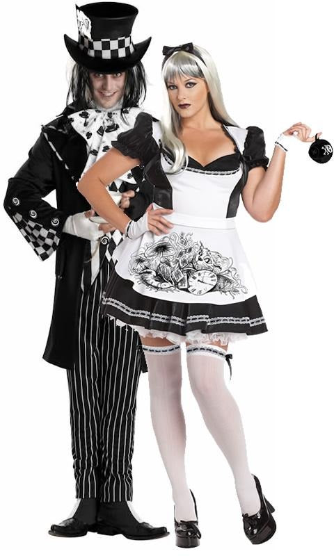 Plus size Dark Alice dress with gloves and apron next to Dark Mad Hatter