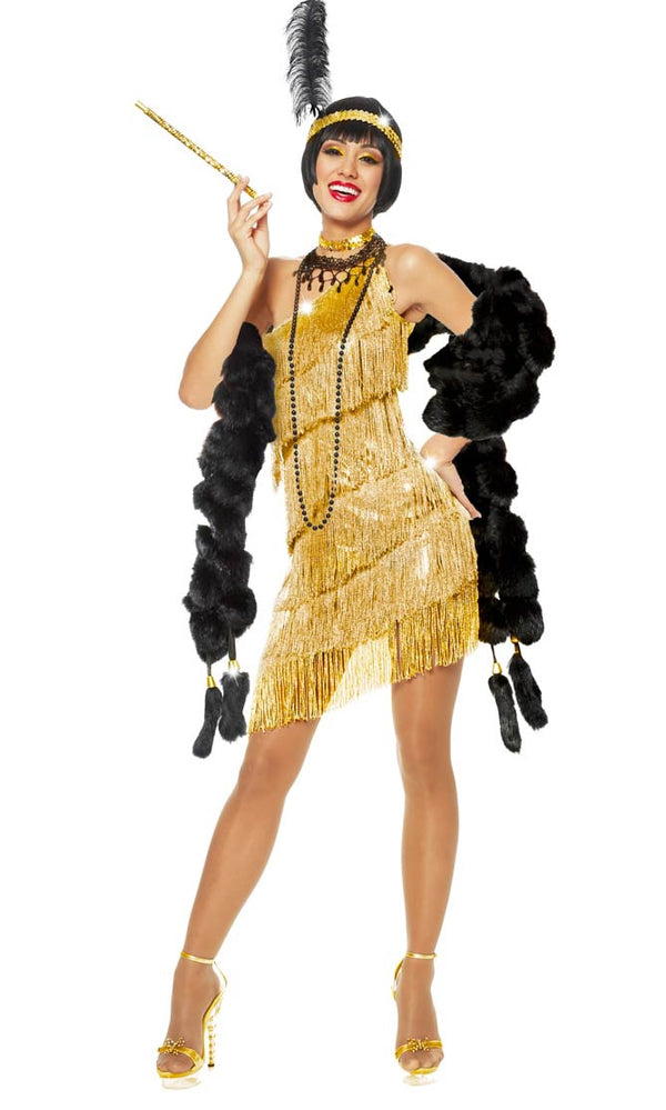Short gold flapper dress with tassels, choker, necklace and headband