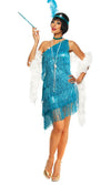 Short turquoise flapper dress with tassels, choker, necklace and headband