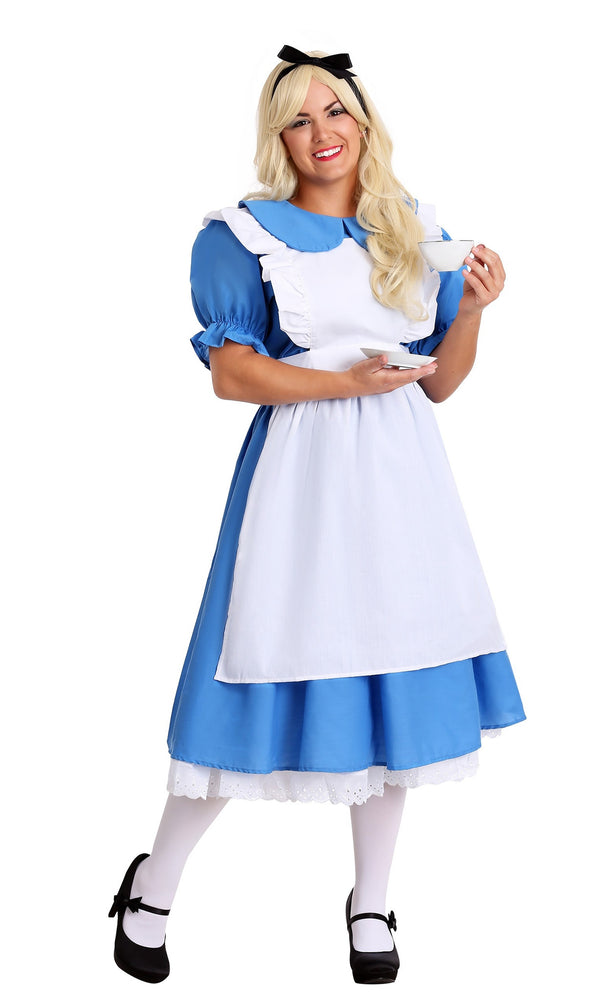 Plus size long blue Alice costume with apron and hair ribbon
