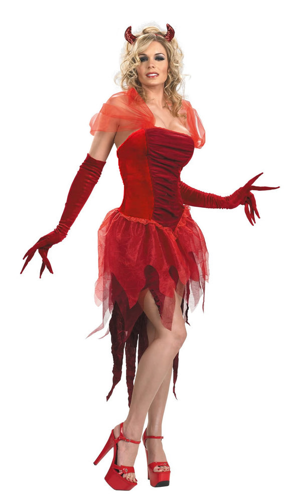 Strapless demon dress in red, with headband horns and gloves