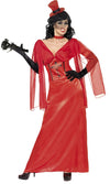 Long red dracula dress with hat and black gloves